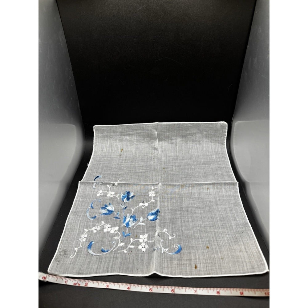 Vintage Blue And Silver‎ Flower Embroidered Hankerchief